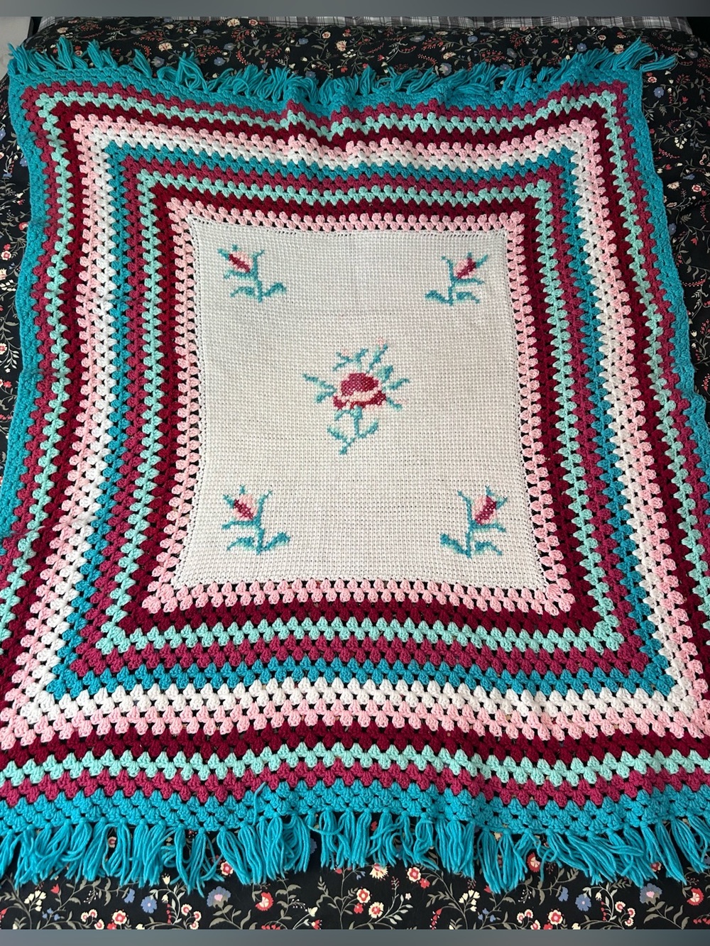 Handmade Crochet Floral Throw Blanket with Cross-stitch Flowers